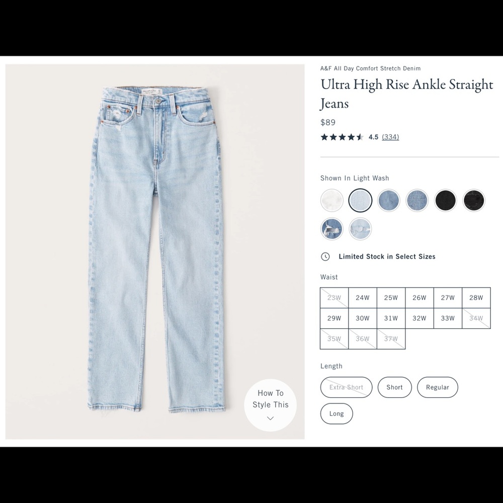 Abercrombie High Rise Ankle Straight-Leg Jeans, 27